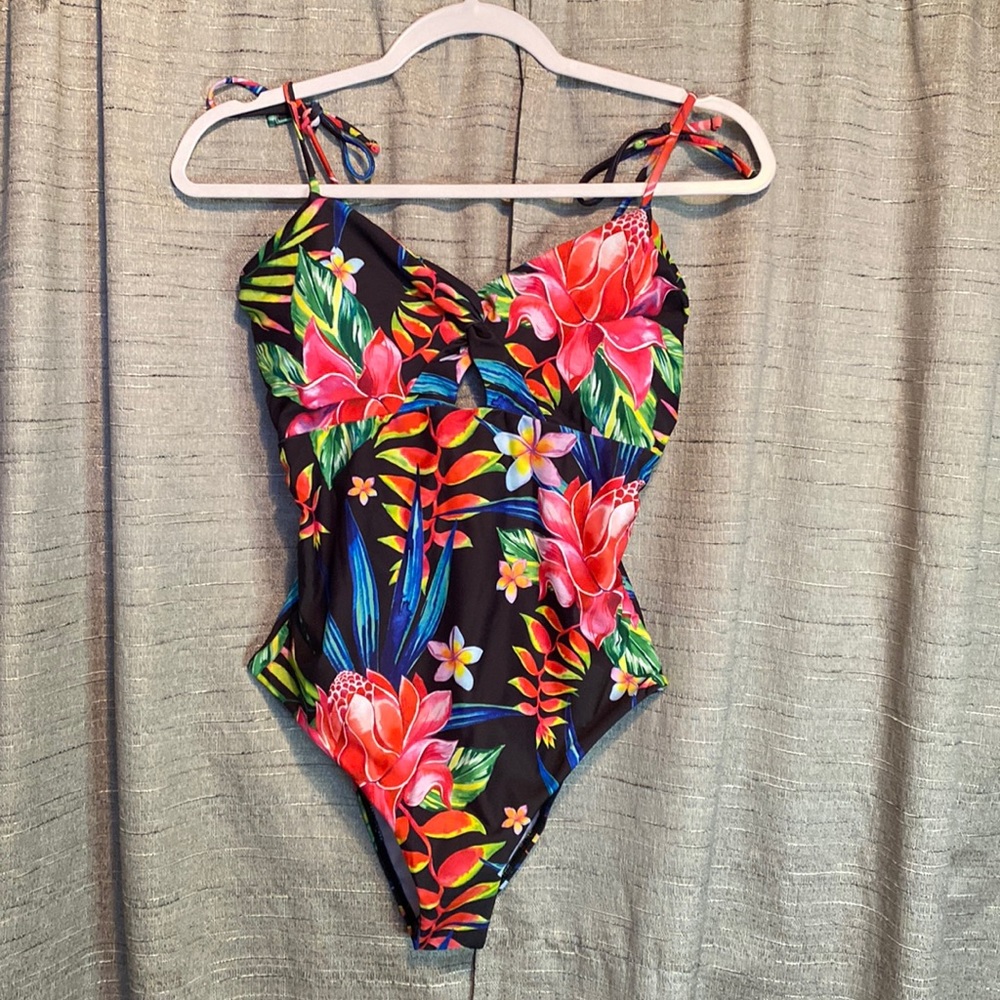 Shein Tropical print shoulder tie one piece swimsuit